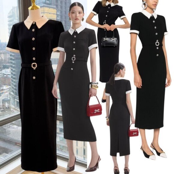 🆕 SELF-PORTRAIT 🧿 Black Belted White Crepe Contrast Midi Dress, Sz UK 10 US 6 - Picture 1 of 16